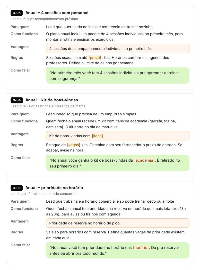 Três fichas de oferta do kit