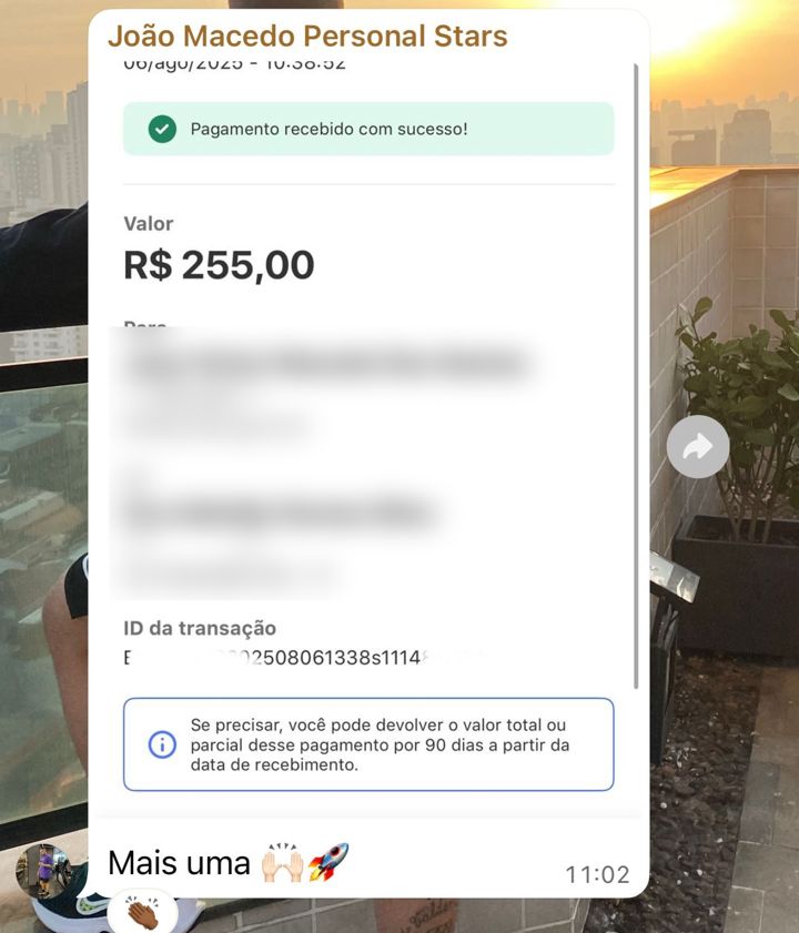 Pagamento recebido de R$255,00